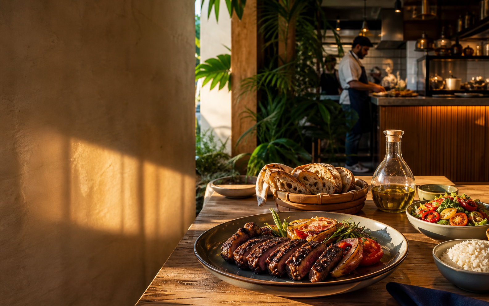 Mesa com carne grelhada, acompanhamentos e cozinha aberta ao fundo